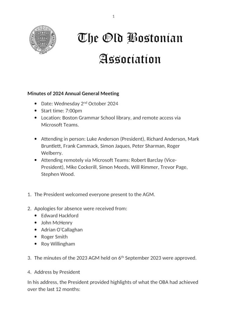 Front page of the Old Bostonian Association 2024 Annual General Meeting minutes